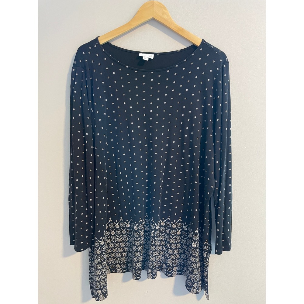 J. Jill Black Floral Tunic Top 3X Womens Long Sleeve Knit Geometric Border